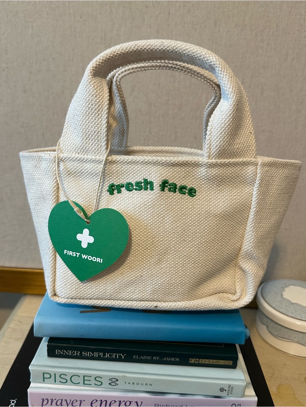 Fresh Face Cream Canvas Tote with Green Accent by